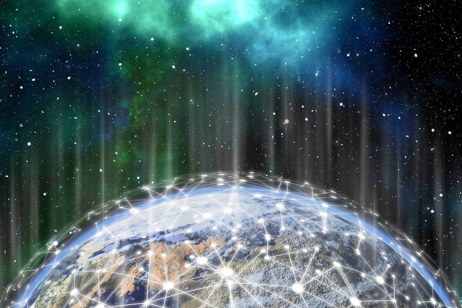 Die Erde, umhüllt von einem leuchtenden Netz aus Knoten – Sinnbild für das globale Netzwerk der BNB Smart Chain, das ein BNB Explorer sichtbar macht