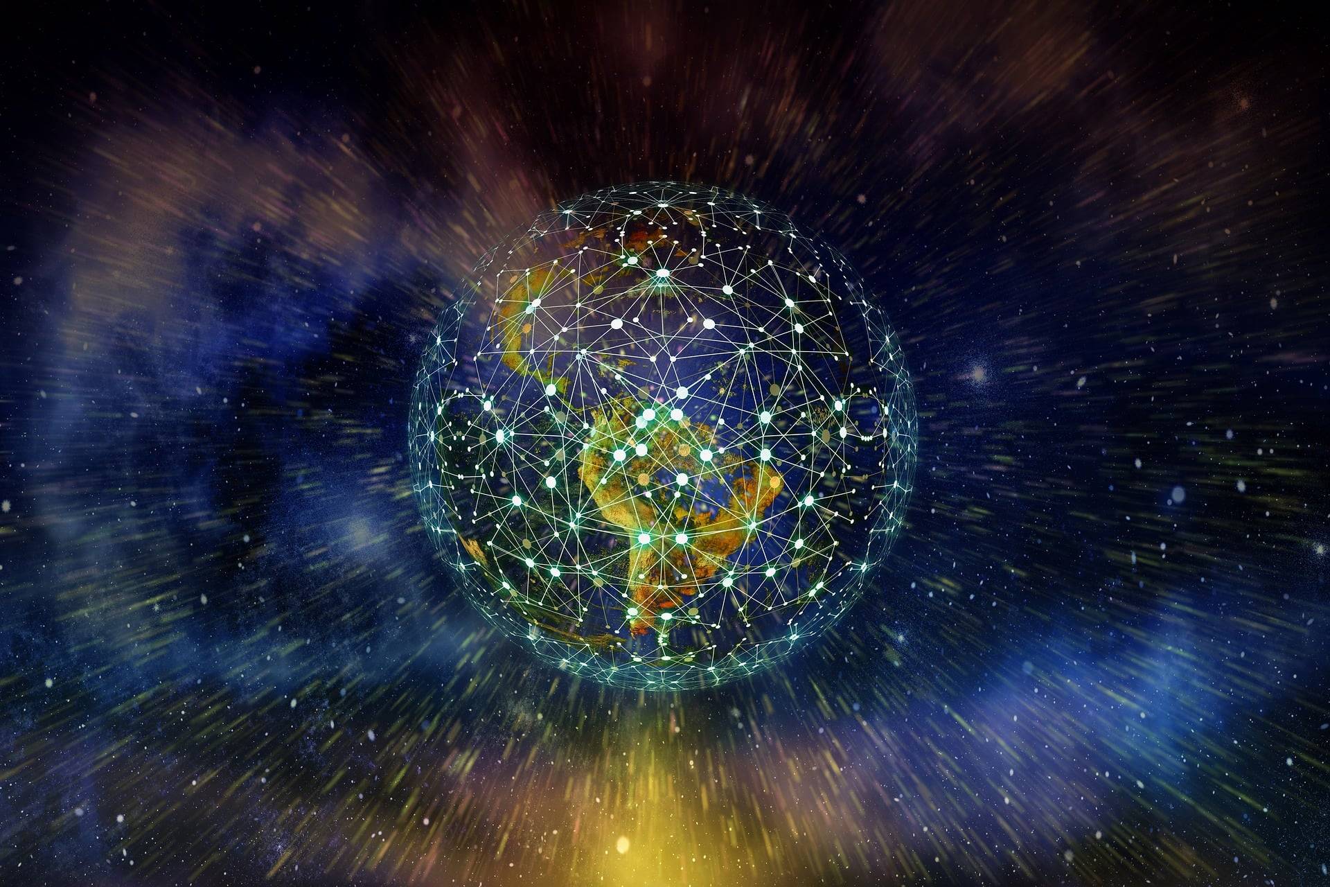 Chain of glowing blocks circling the globe, representing BNB Chain explorer API requests hitting public RPC nodes